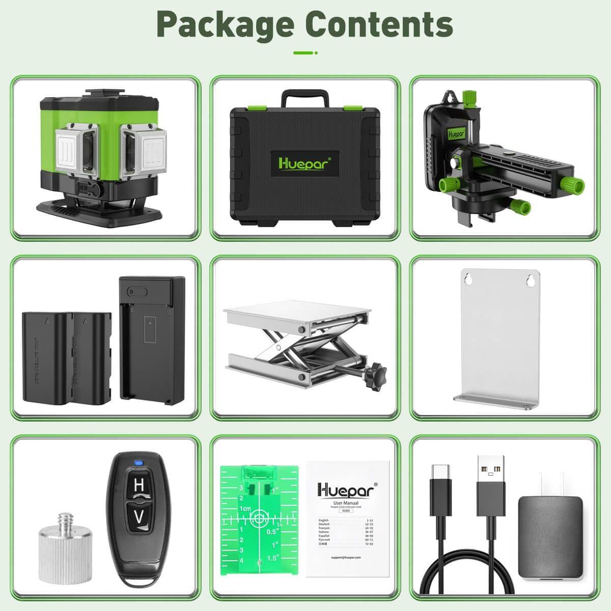 Huepar 503DG - 3x360 Green Beam Self-leveling Cross Line with Hard Carry Case - HUEPAR UK