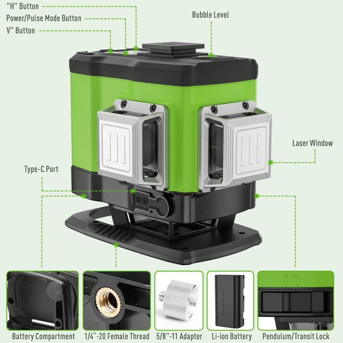 Huepar 503DG - 3x360 Green Beam Self-leveling Cross Line with Hard Carry Case - HUEPAR UK