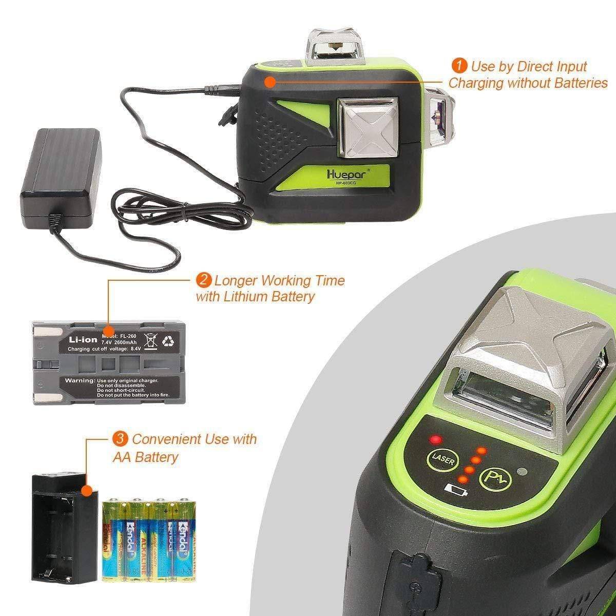 Huepar 603CG - 3D Green Beam Self-Leveling 3 X 360° Laser Level - HUEPAR UK