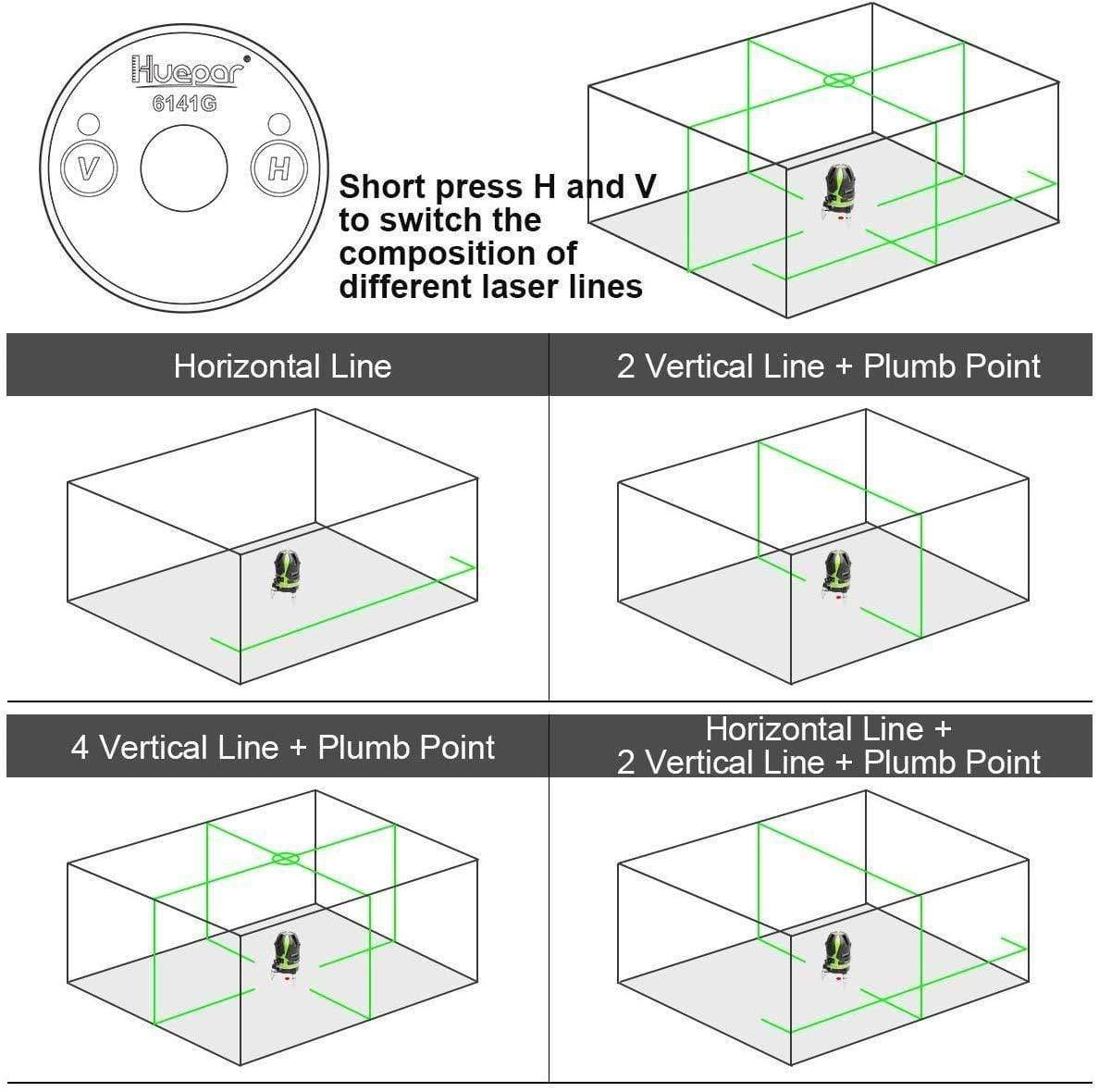 Huepar 6141G - Green Beam Multi Line Laser Level with Four Vertical and One Horizontal Lines with Down Plumb Dot - HUEPAR UK