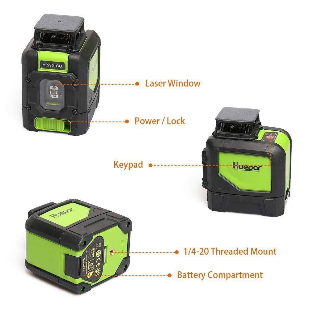 Huepar 901CG - 360 Green Beam Cross Line Self-Leveling Laser Level with Magnetic Pivoting Base - HUEPAR UK