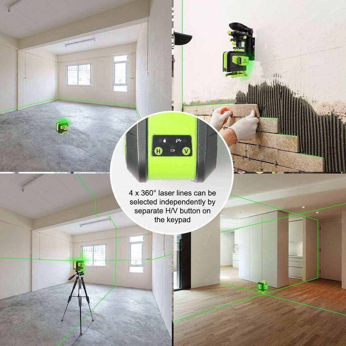 Huepar 904DG - 4x360° Green Cross Line Floor Laser Tool with Remote Control & magnetic Bracket - HUEPAR UK