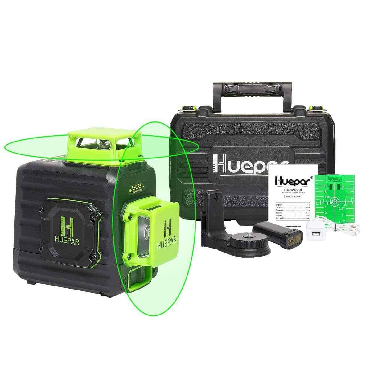 Huepar B02CG - 360° Green Beam Dual Plane Leveling and Alignment Cross Line Self-leveling Laser Level - HUEPAR UK