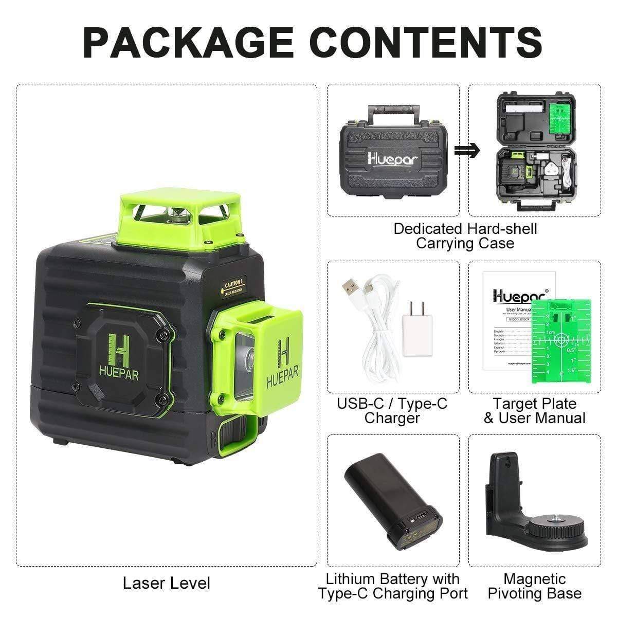 Huepar B02CG - 360° Green Beam Dual Plane Leveling and Alignment Cross Line Self-leveling Laser Level - HUEPAR UK