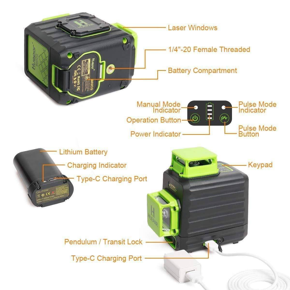 Huepar B02CG - 360° Green Beam Dual Plane Leveling and Alignment Cross Line Self-leveling Laser Level - HUEPAR UK