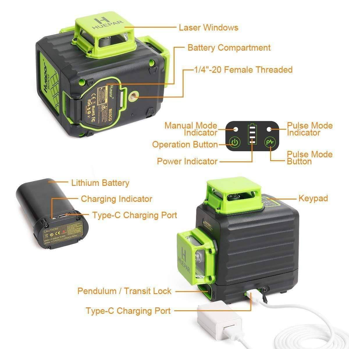 Huepar B03CG Pro - 3 x 360° Green Beam Cross Line Self-leveling Laser Level with Hard Carry Case - HUEPAR UK