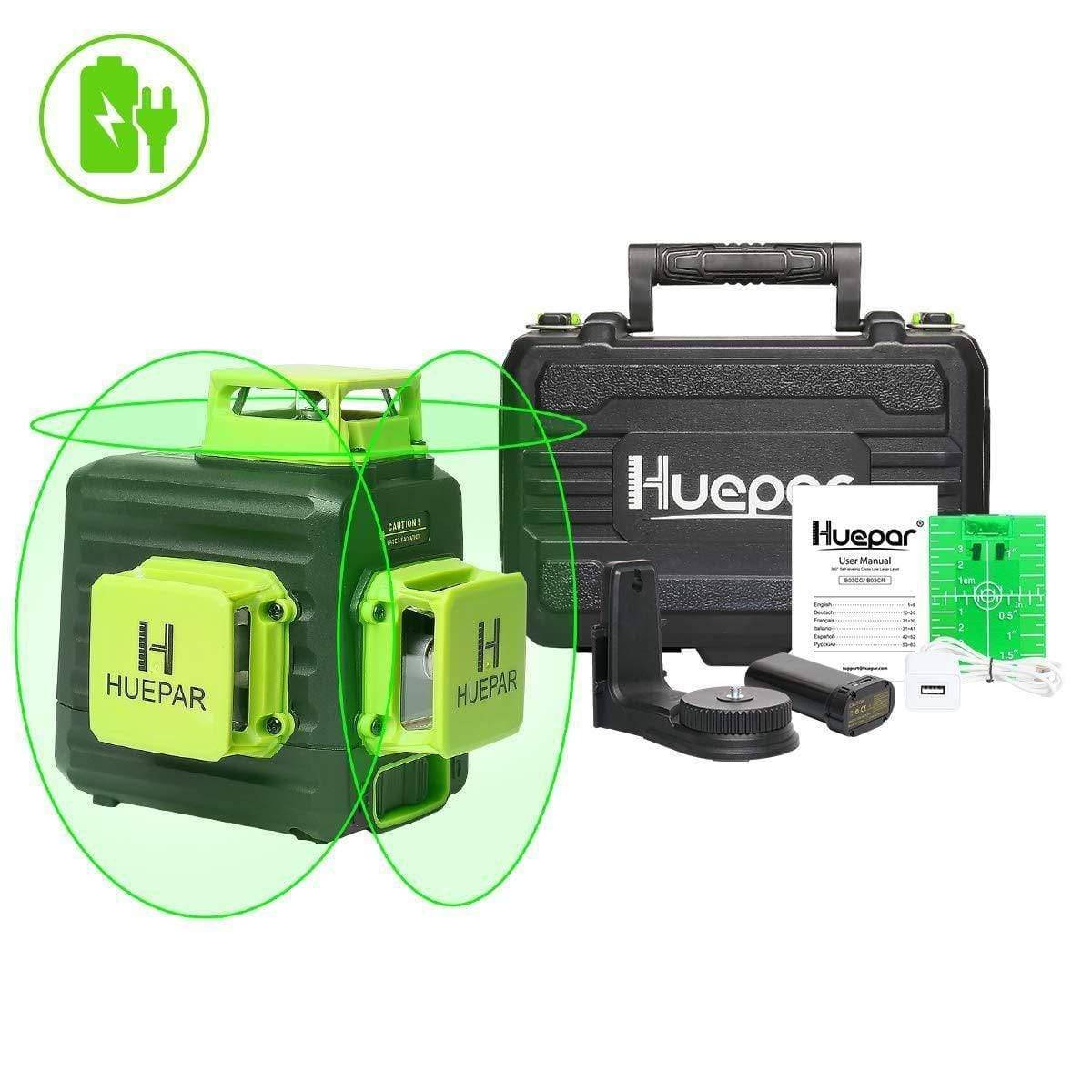 Huepar B03CG Pro - 3 x 360° Green Beam Cross Line Self-leveling Laser Level with Hard Carry Case - HUEPAR UK