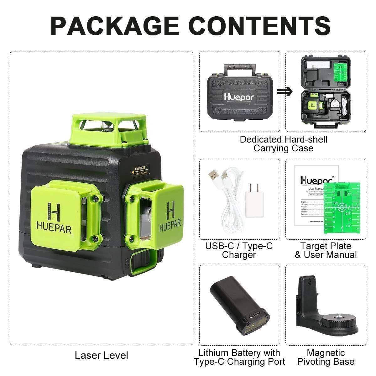 Huepar B03CG Pro - 3 x 360° Green Beam Cross Line Self-leveling Laser Level with Hard Carry Case - HUEPAR UK