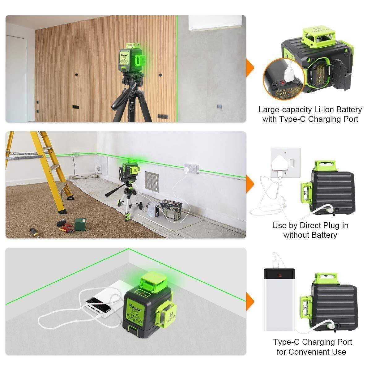 Huepar B03CG Pro - 3 x 360° Green Beam Cross Line Self-leveling Laser Level with Hard Carry Case - HUEPAR UK