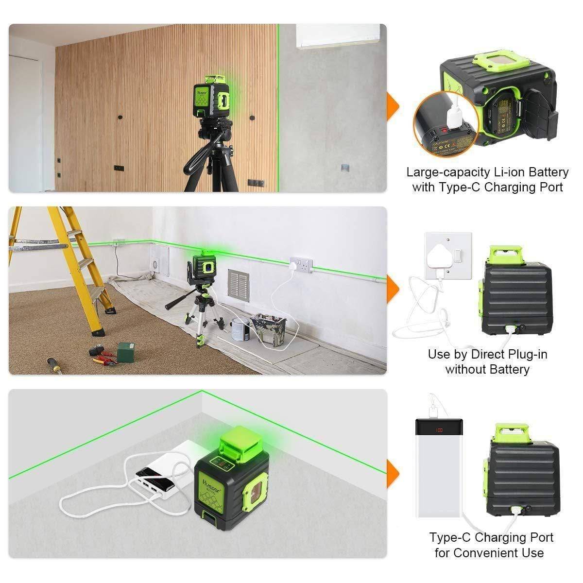 Huepar B21CG - Green 360° Horizontal and Two Vertical Lines Cross Line Laser Level with Hard Carry Case - HUEPAR UK