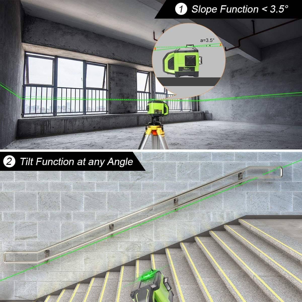Huepar DT03CG+ 3x360° Dual Slope Function Cross Line Self-Leveling 3D Green Beam Laser Level with Receiver - HUEPAR UK