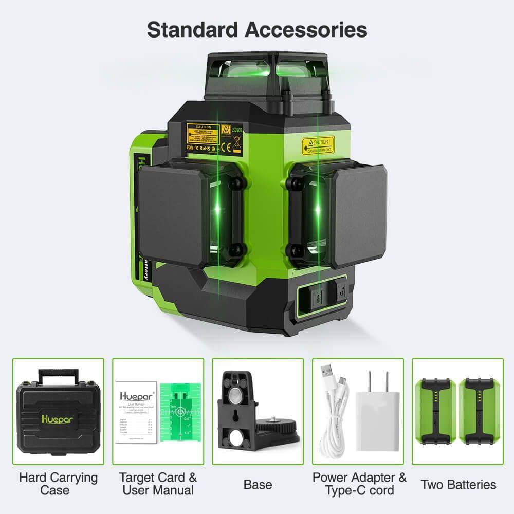 Huepar LS03CG - 3x360°Laser Level with 2 Li-ion Batteries 3D Outdoor Green Cross Line Self Leveling for Construction - HUEPAR UK