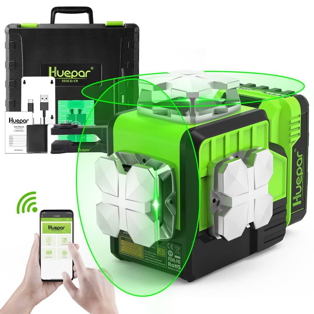 Huepar 2 x 360 Cross Line Self-leveling Laser Level Green Beam outdoor  Bluetooth Control with Receiver Tripod & Li-ion Battery