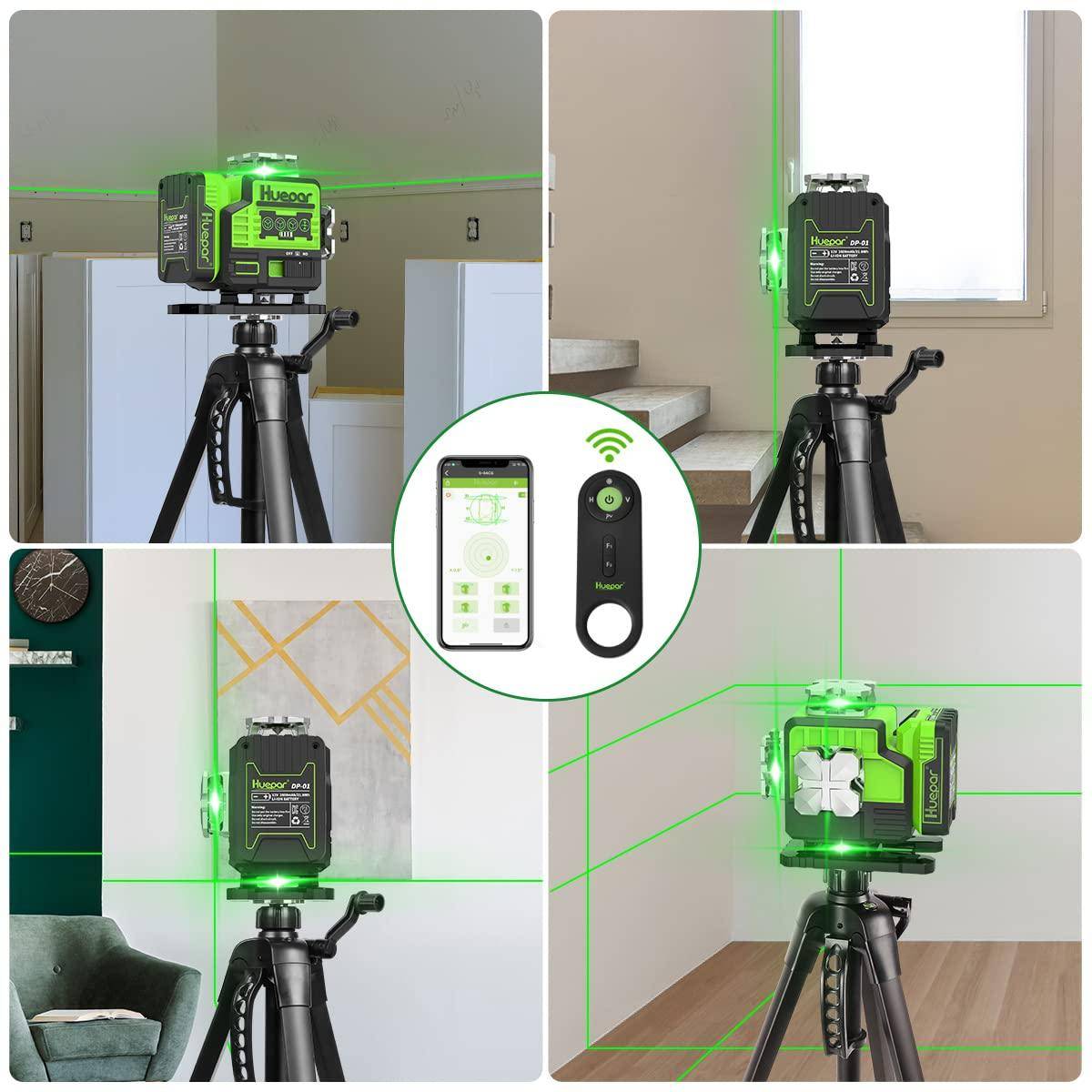 Huepar P04CG - 4x360° Laser Level Self Leveling 4D Green Beam Bluetooth Connectivity Laser Tool - HUEPAR UK
