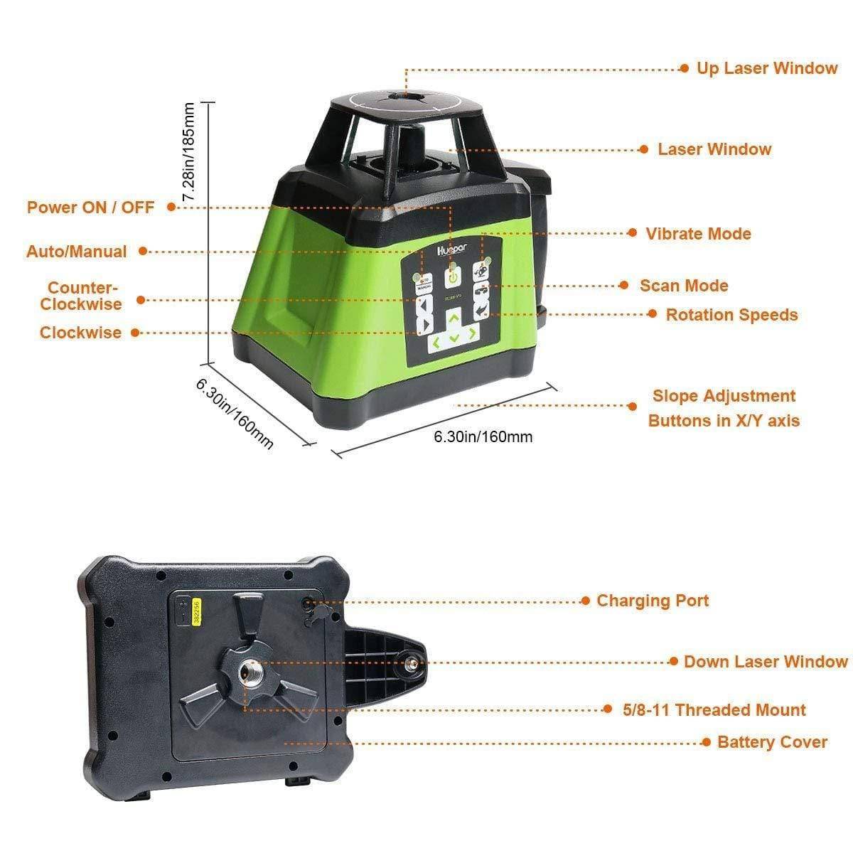 Huepar RL200HVG - Electronic Self-Leveling Green Rotary Laser Level + Plumb Points with Receiver - HUEPAR UK