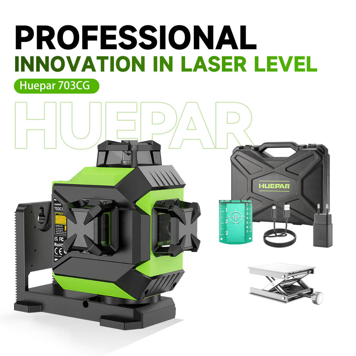 Huepar 703CG - 12 Lines 3D Osram Green Beam Self-Leveling Cross Line Laser Level with Hard Carry Case