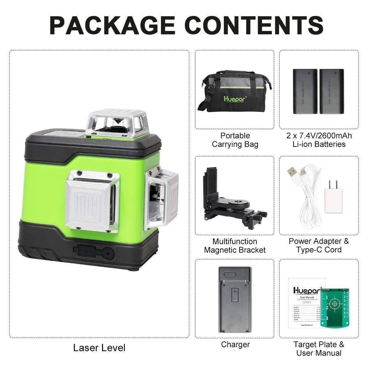 Huepar 503CG - 3D Green Beam Cross Line Self-Leveling Laser Level - HUEPAR UK