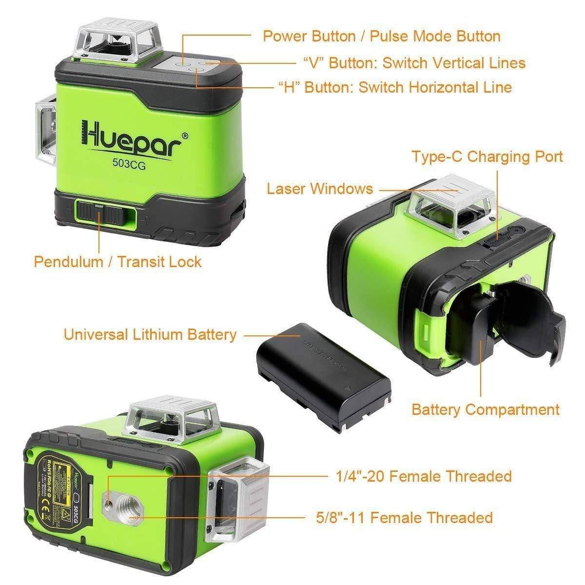 Huepar 503CG - 3D Green Beam Cross Line Self-Leveling Laser Level - HUEPAR UK