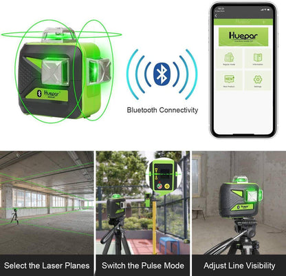 Huepar 603CG-BT - 3 x 360° Green Beam 3D Laser Level with Bluetooth Connectivity - HUEPAR UK