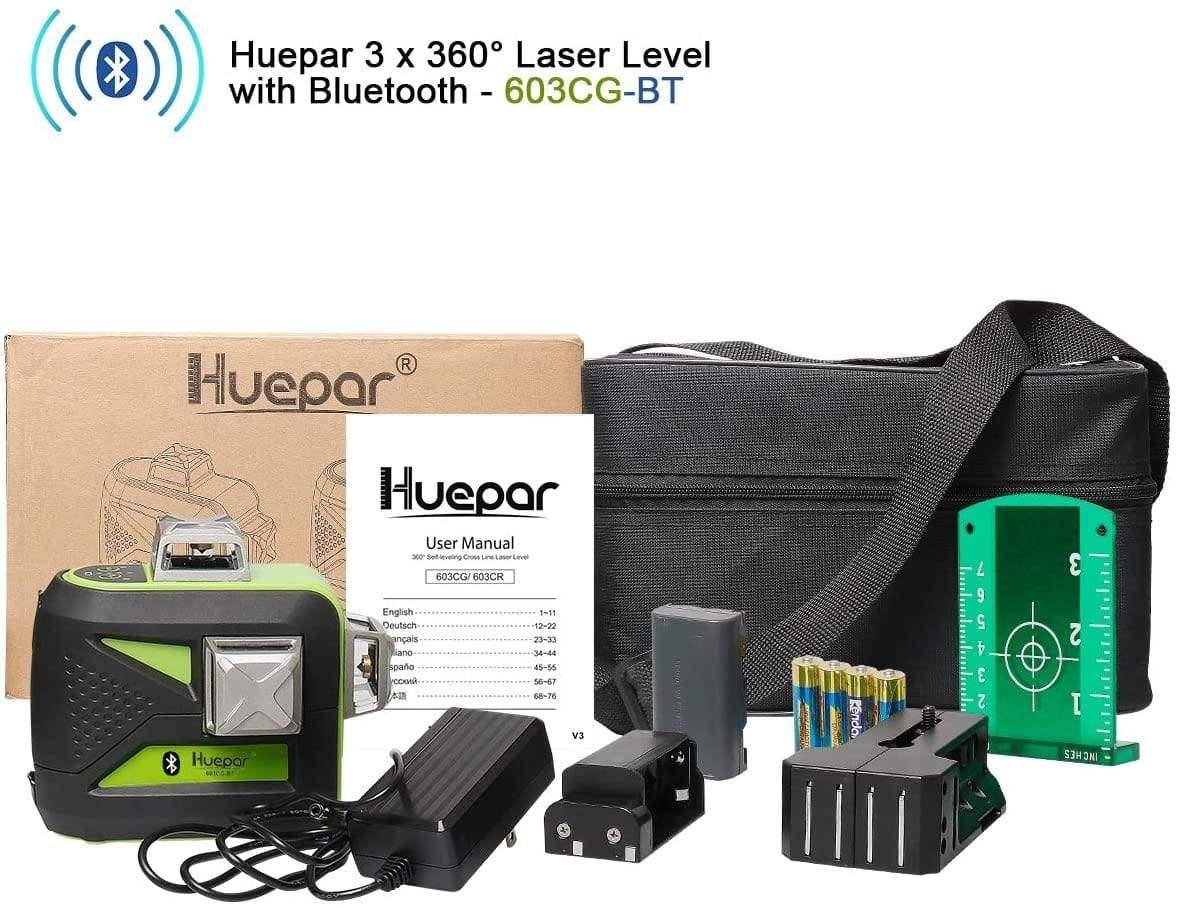 Huepar 603CG-BT - 3 x 360° Green Beam 3D Laser Level with Bluetooth Connectivity - HUEPAR UK