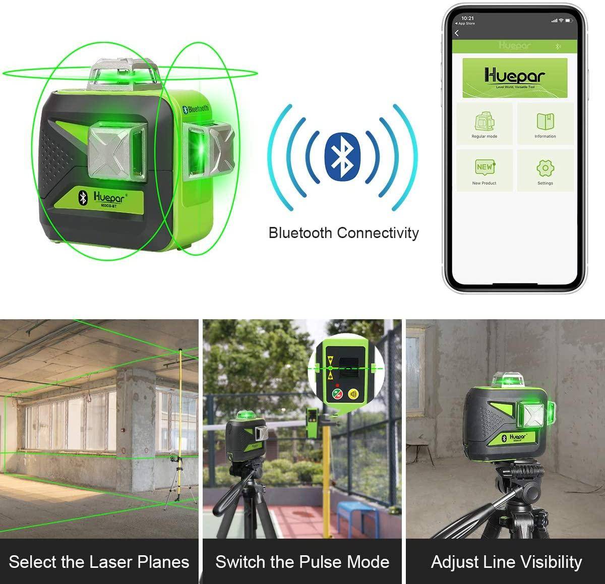 Huepar 603LP - 3X 360° Cross Line Self Leveling Laser Level Green with Bluetooth, Triple Power Supply - HUEPAR UK