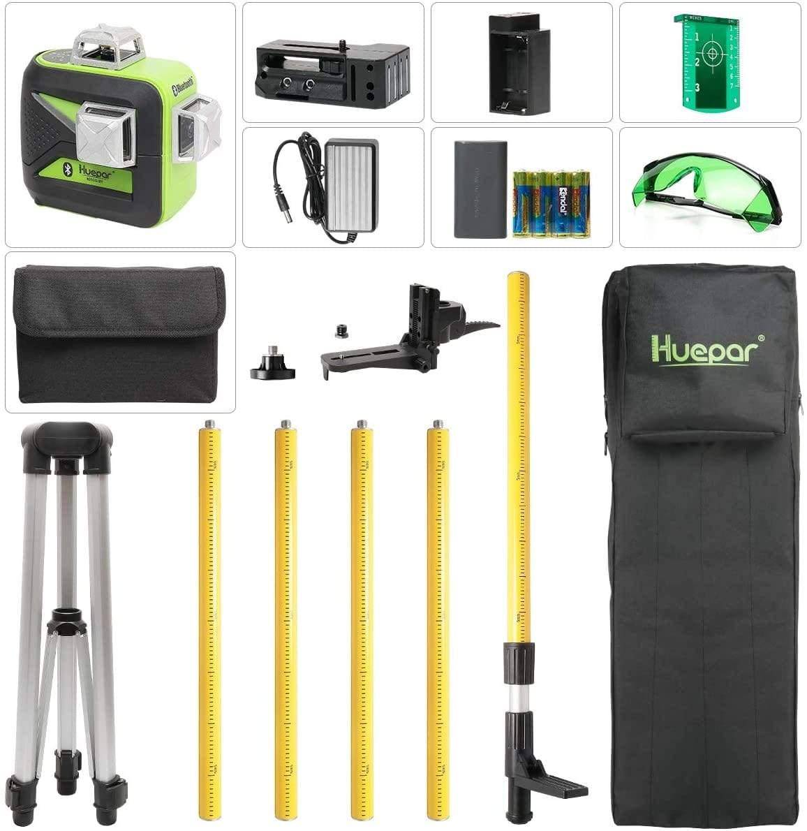 Huepar 603LP - 3X 360° Cross Line Self Leveling Laser Level Green with Bluetooth, Triple Power Supply - HUEPAR UK