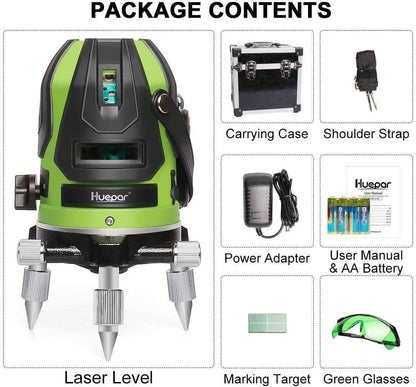 Huepar 6141G - Green Beam Multi Line Laser Level with Four Vertical and One Horizontal Lines with Down Plumb Dot - HUEPAR UK