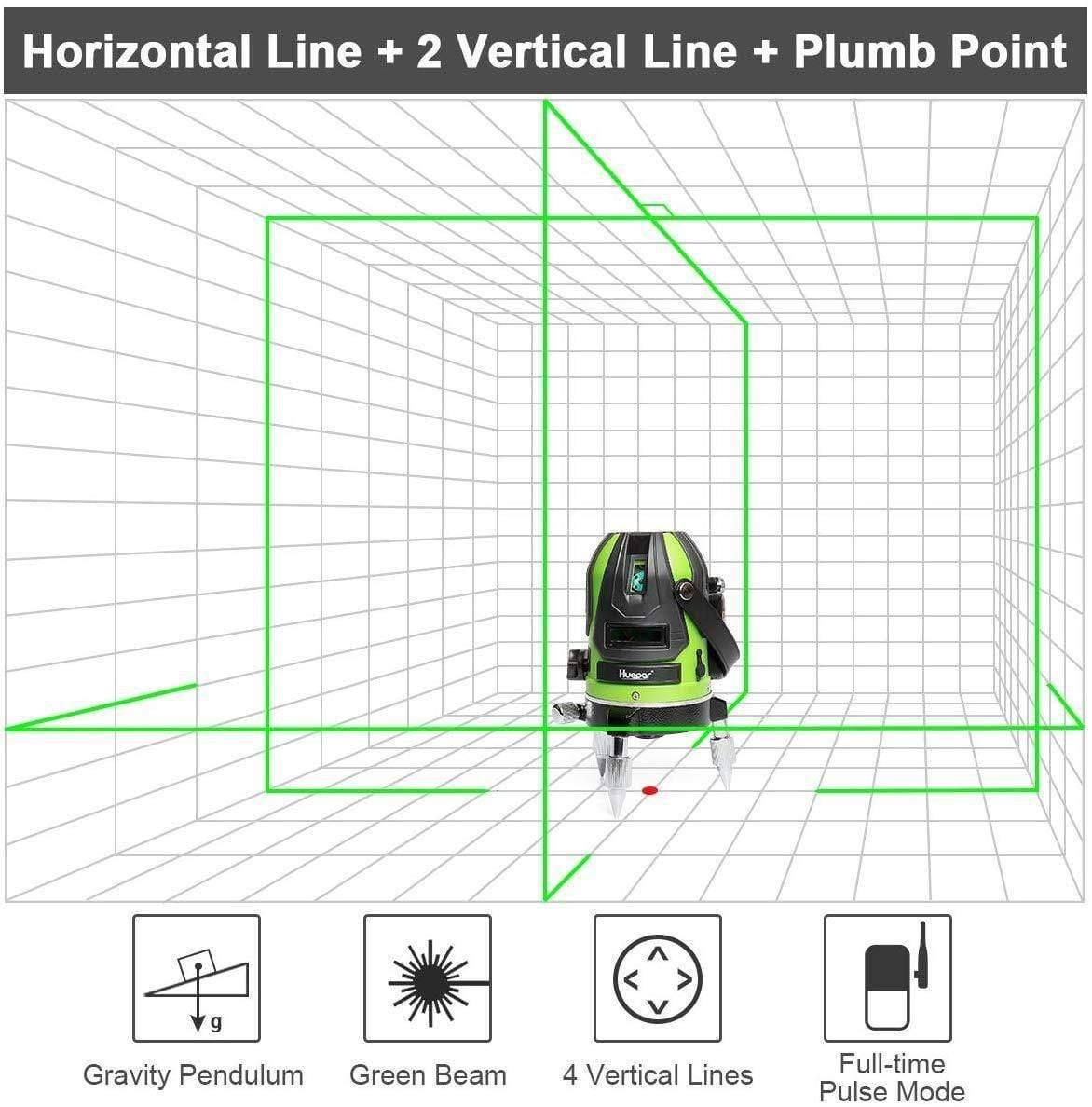 Huepar 6141G - Green Beam Multi Line Laser Level with Four Vertical and One Horizontal Lines with Down Plumb Dot - HUEPAR UK