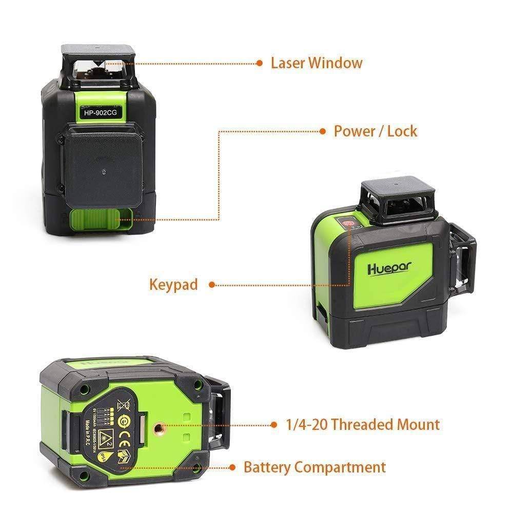 Huepar 902CG - Self-Leveling 360-Degree Cross Line Laser Level with Pulse Mode and Magnetic Pivoting Base - HUEPAR UK