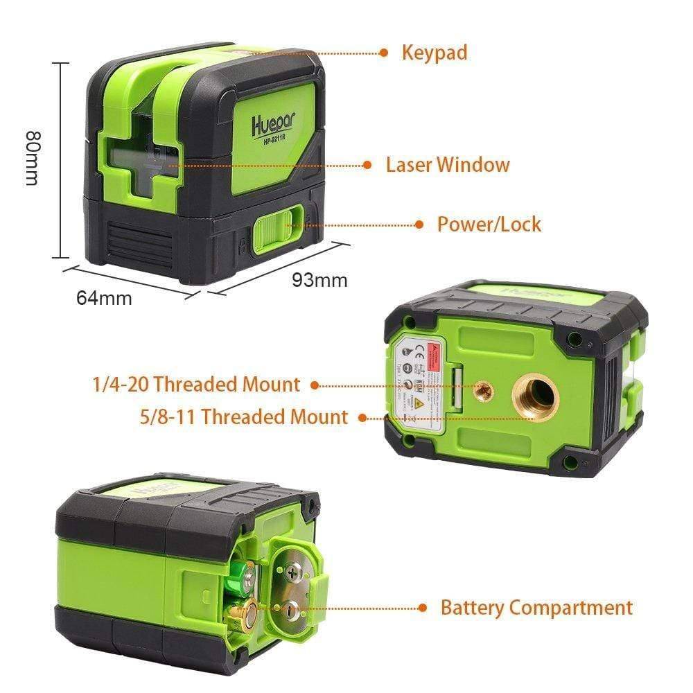 Huepar 9211G - Green Beam Cross Line Self-Leveling Alignment Laser Level with 2 Plumb Dots - HUEPAR UK