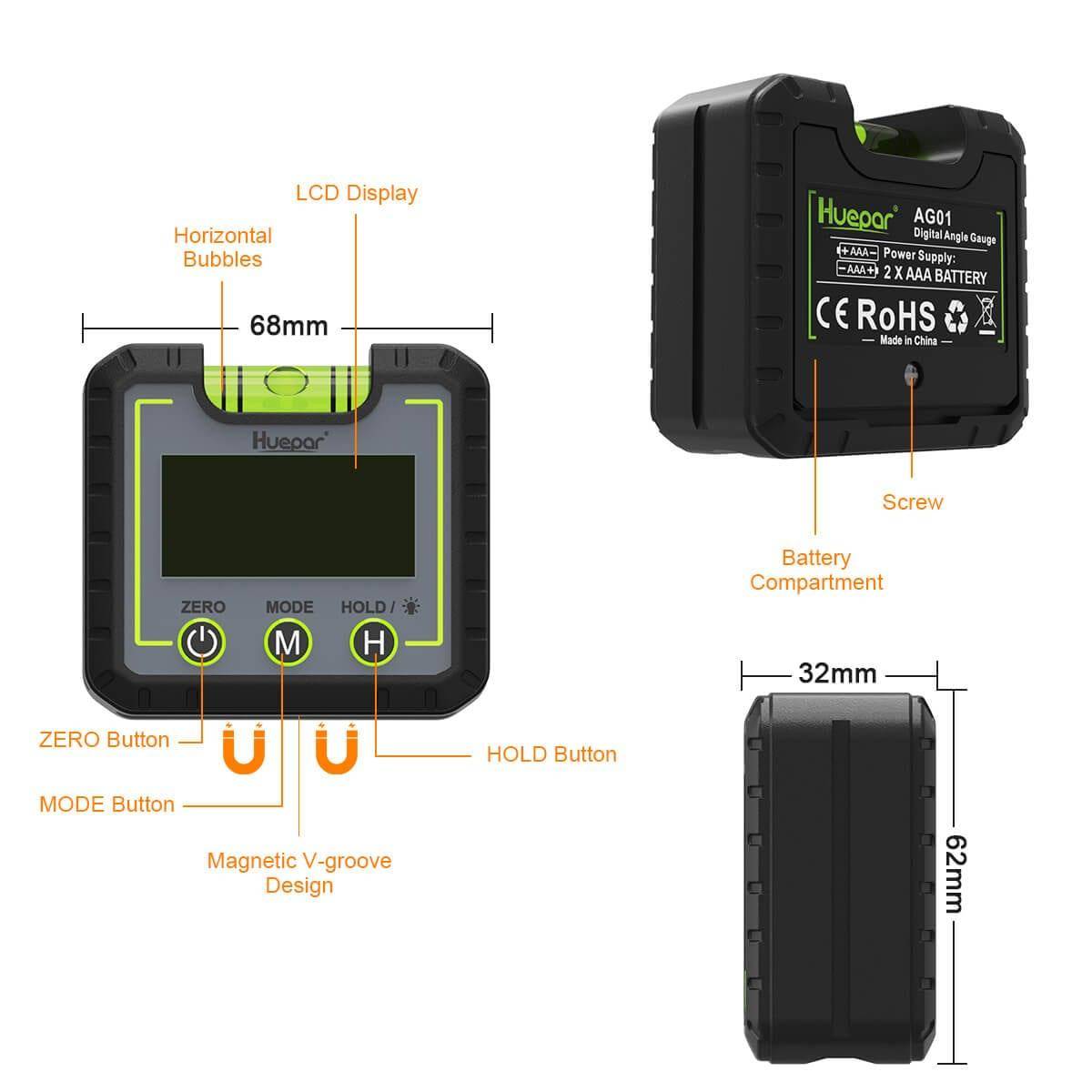 Huepar AG01 -Digital Level Angle Gauge Inclinometer - HUEPAR UK