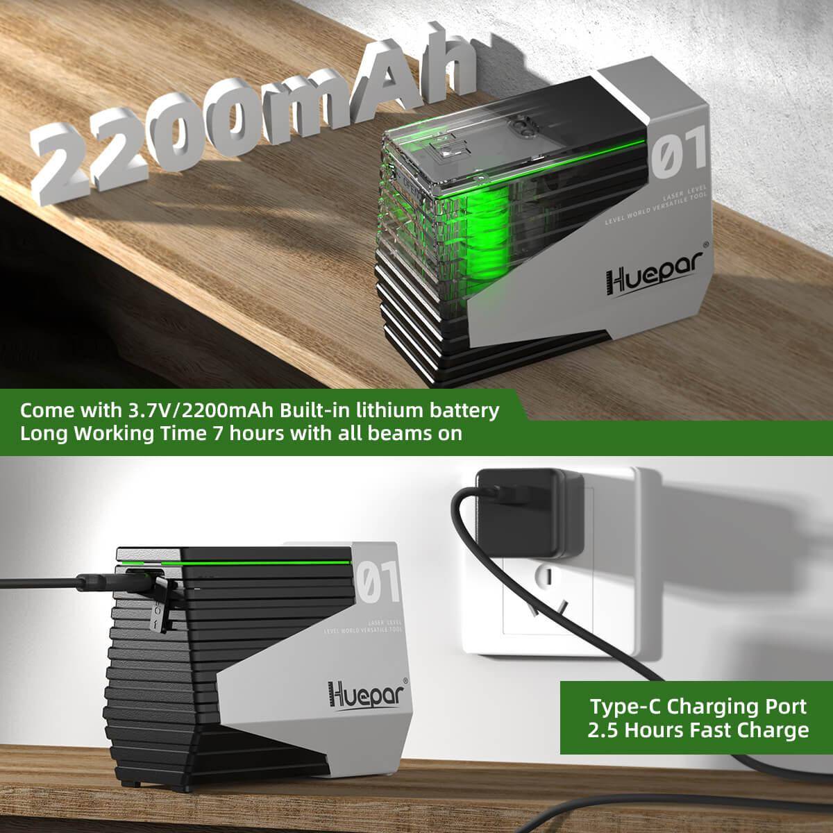 Huepar E011G - Green Beam Cross Line Self-leveling Laser Levels Tool with Motion Sensor & Li-ion Battery - HUEPAR UK