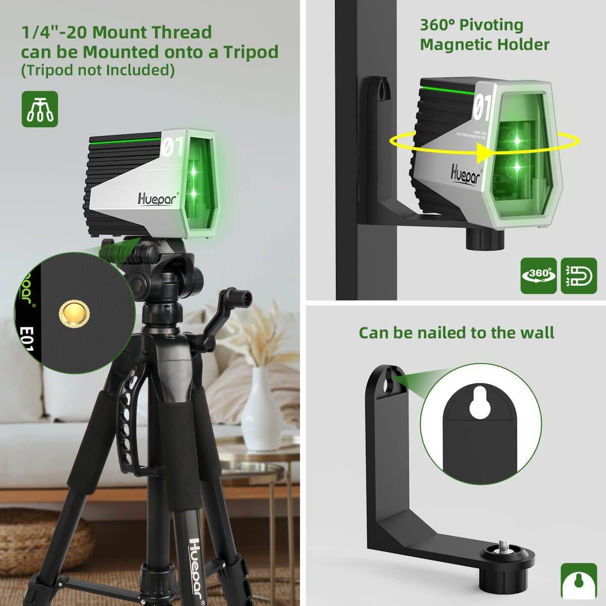 Huepar E011G - Green Beam Cross Line Self-leveling Laser Levels Tool with Motion Sensor & Li-ion Battery - HUEPAR UK