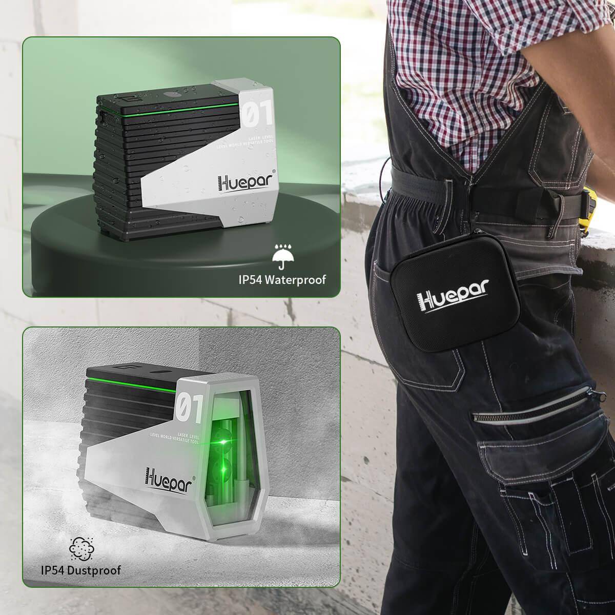 Huepar E011G - Green Beam Cross Line Self-leveling Laser Levels Tool with Motion Sensor & Li-ion Battery - HUEPAR UK