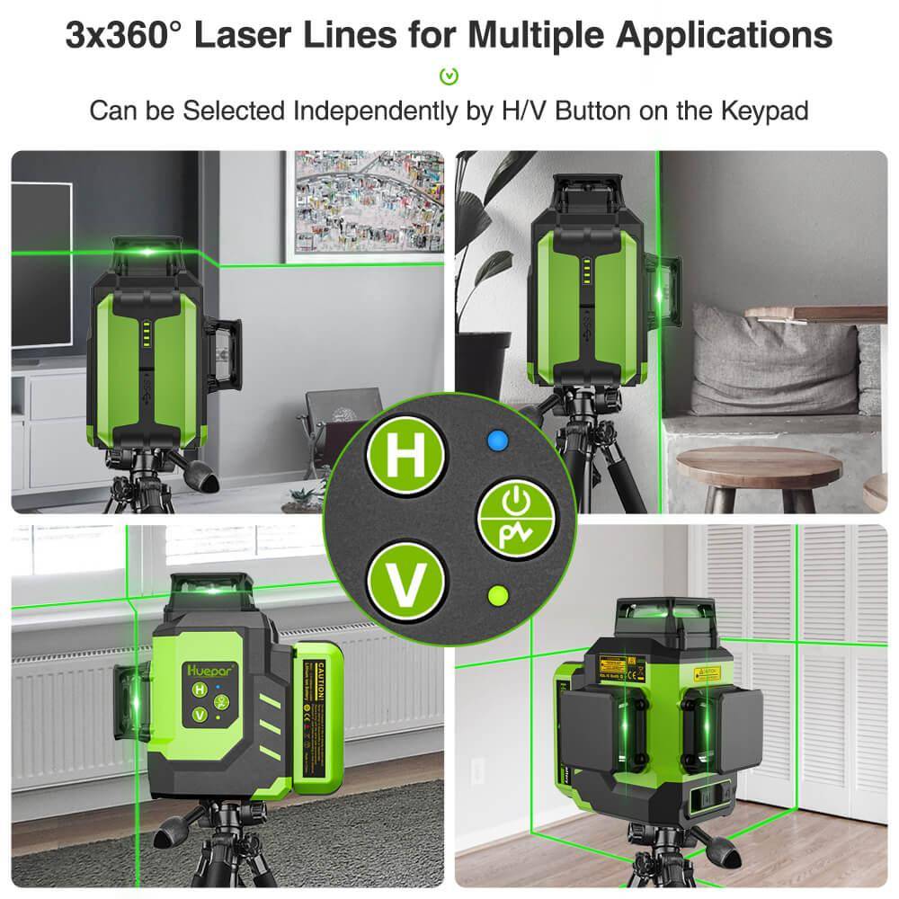 Huepar LS03CG - 3x360°Laser Level with 2 Li-ion Batteries 3D Outdoor Green Cross Line Self Leveling for Construction - HUEPAR UK