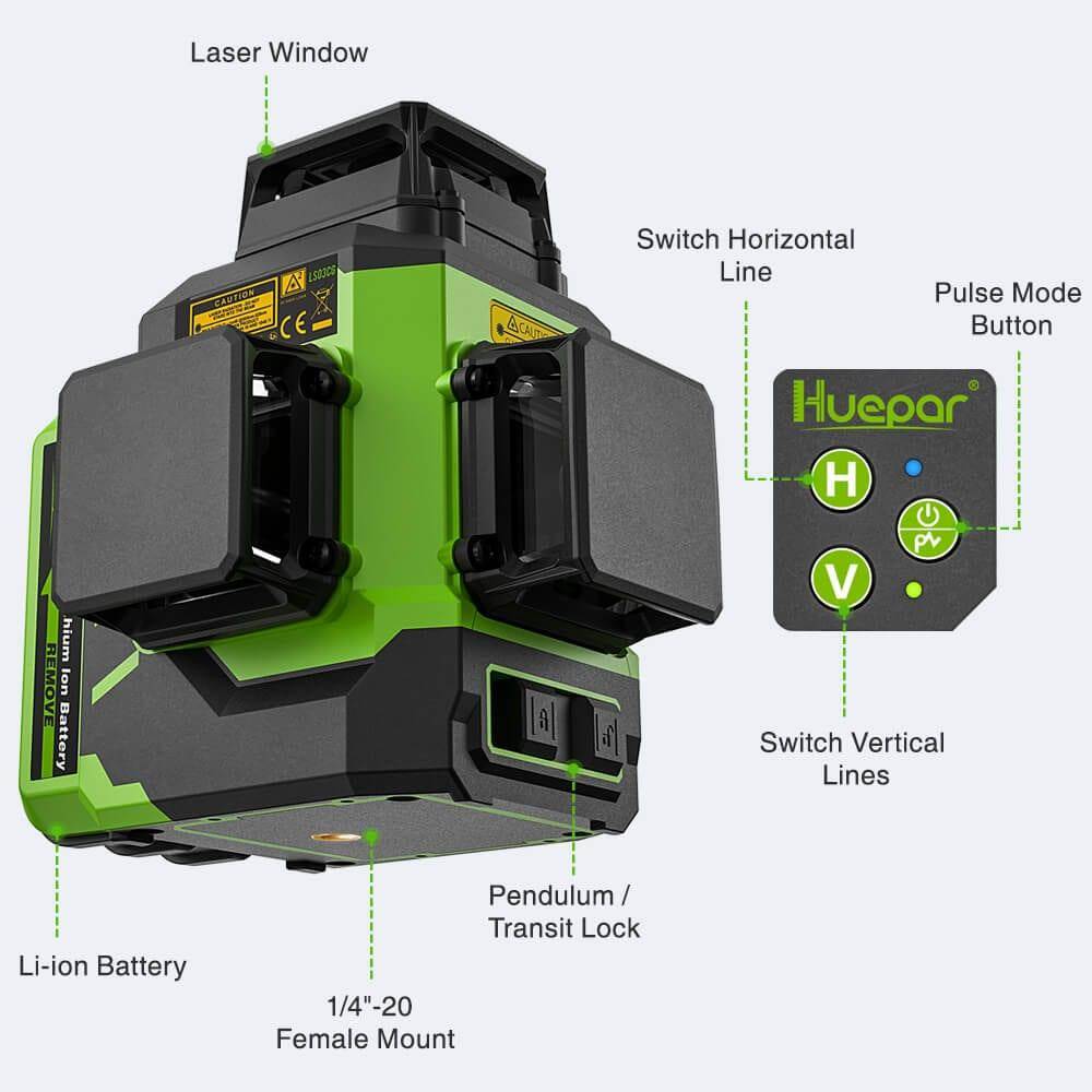 Huepar LS03CG - 3x360°Laser Level with 2 Li-ion Batteries 3D Outdoor Green Cross Line Self Leveling for Construction - HUEPAR UK