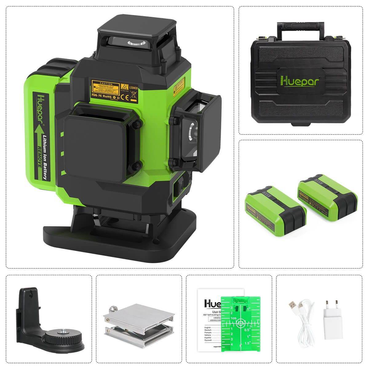 Huepar LS04CG - Self-leveling 4x360 Green Cross Line Floor Laser Tool with Remote Control - HUEPAR UK