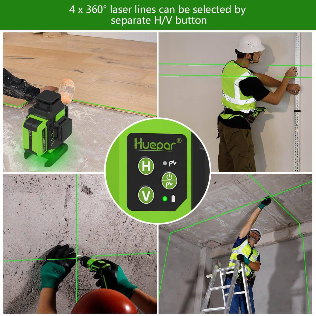 Huepar LS04CG - Self-leveling 4x360 Green Cross Line Floor Laser Tool with Remote Control - HUEPAR UK