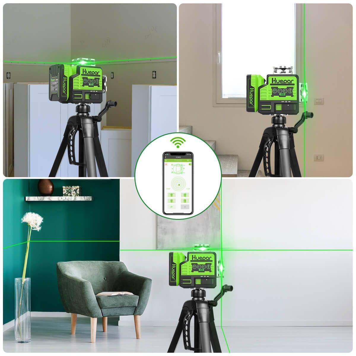 Huepar P02CG - 2 x 360° Green Bluetooth Self-Leveling 12 Lines Cross Laser Tool with Pulse Mode - HUEPAR UK