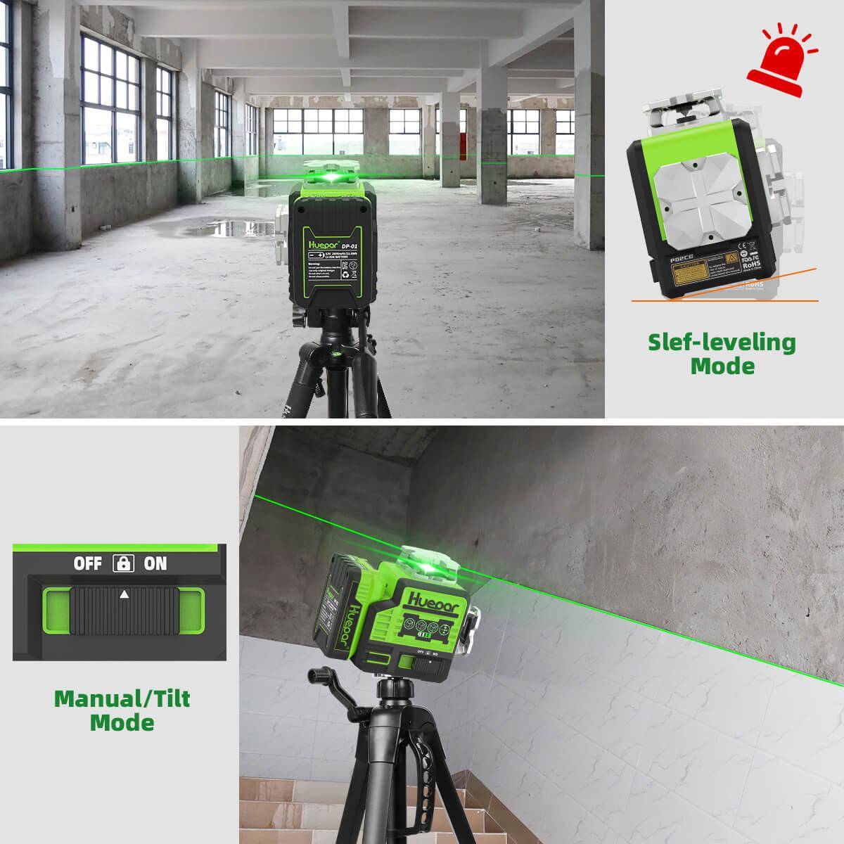 Huepar P02CG - 2 x 360° Green Bluetooth Self-Leveling 12 Lines Cross Laser Tool with Pulse Mode - HUEPAR UK