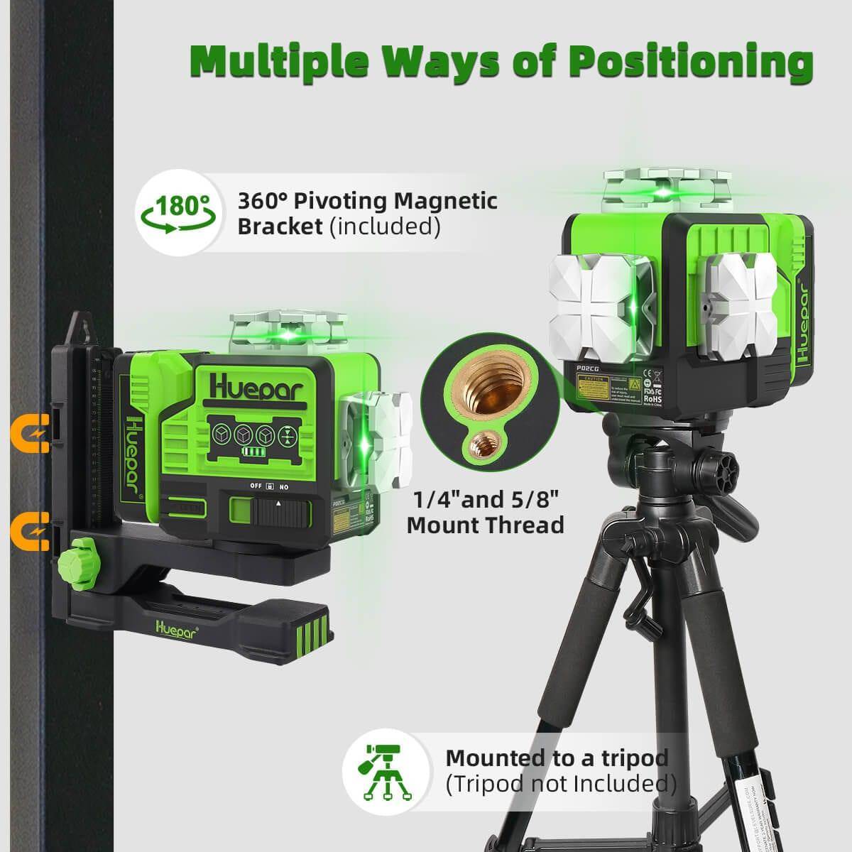 Huepar P02CG - 2 x 360° Green Bluetooth Self-Leveling 12 Lines Cross Laser Tool with Pulse Mode - HUEPAR UK