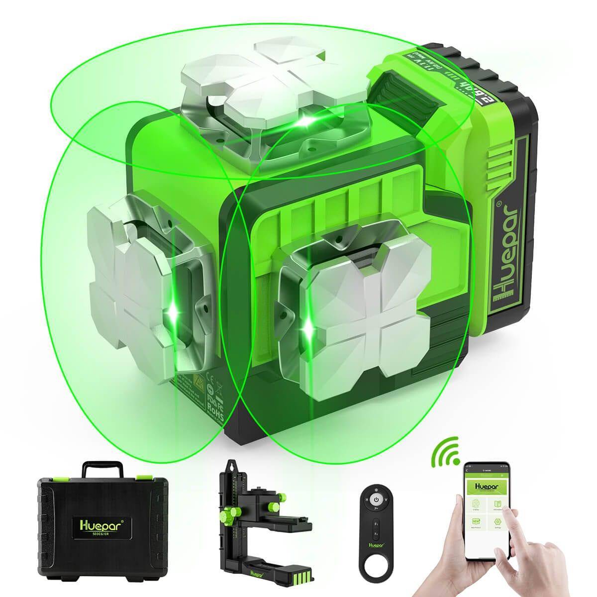 Huepar P03CG - Self Leveling 3x360°Bluetooth outdoor Line Laser 3D Green Beam with Hard Carry Case - HUEPAR UK