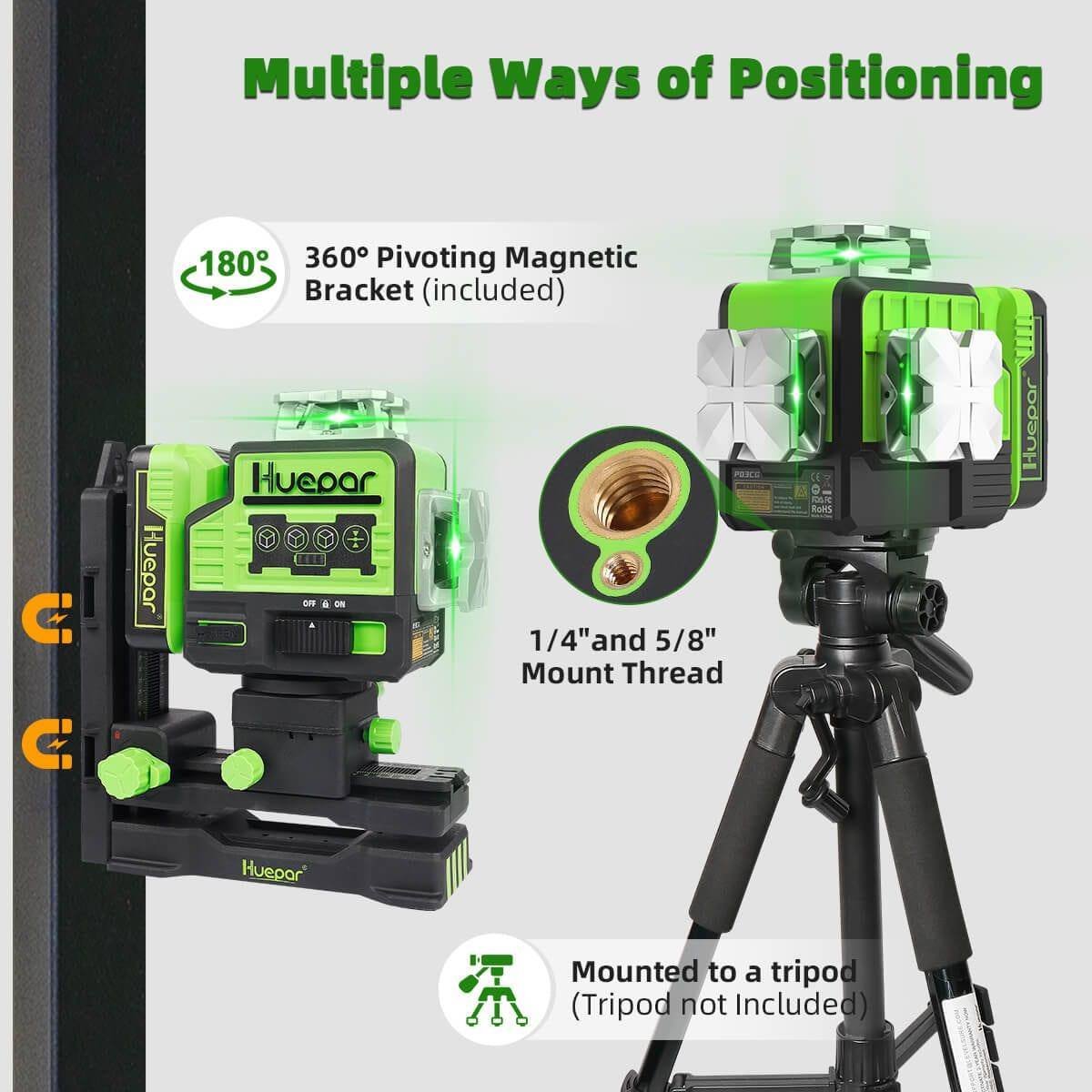 Huepar P03CG - Self Leveling 3x360°Bluetooth outdoor Line Laser 3D Green Beam with Hard Carry Case - HUEPAR UK