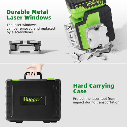 Huepar P03CG - Self Leveling 3x360°Bluetooth outdoor Line Laser 3D Green Beam with Hard Carry Case - HUEPAR UK