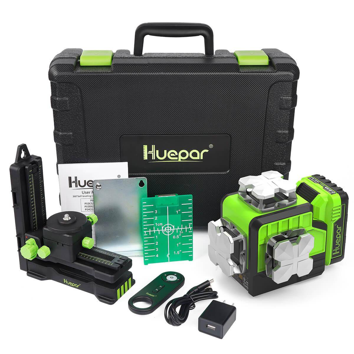 Huepar P03CG - Self Leveling 3x360°Bluetooth outdoor Line Laser 3D Green Beam with Hard Carry Case - HUEPAR UK