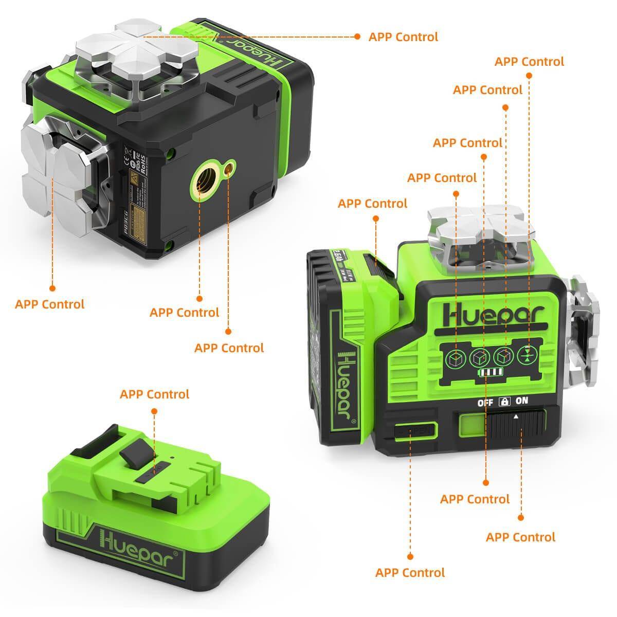 Huepar P03CG - Self Leveling 3x360°Bluetooth outdoor Line Laser 3D Green Beam with Hard Carry Case - HUEPAR UK