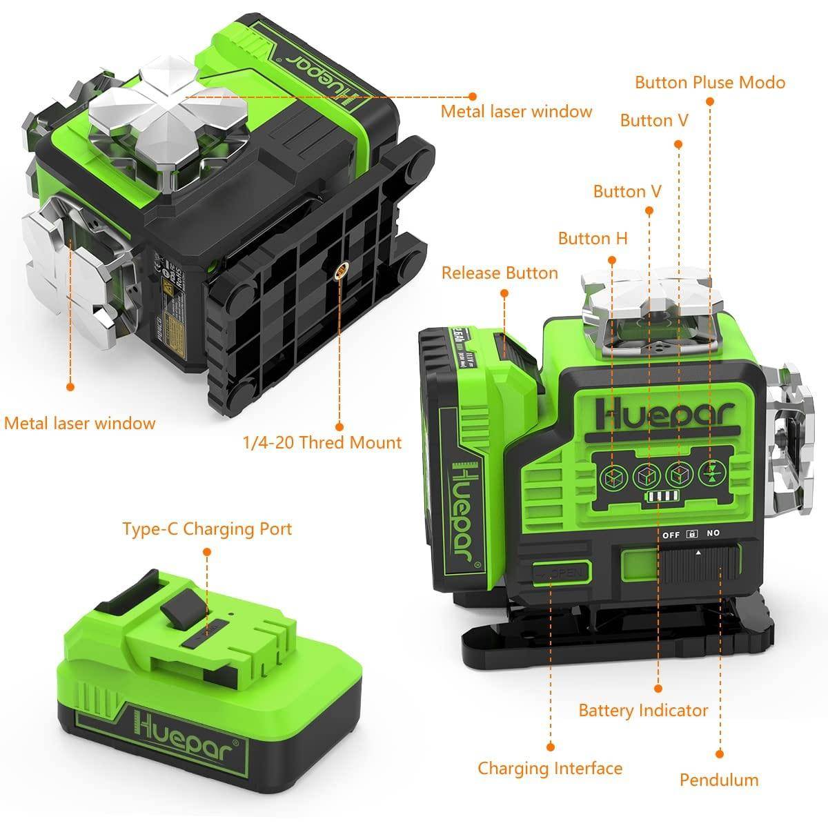 Huepar P04CG - 4x360° Laser Level Self Leveling 4D Green Beam Bluetooth Connectivity Laser Tool - HUEPAR UK