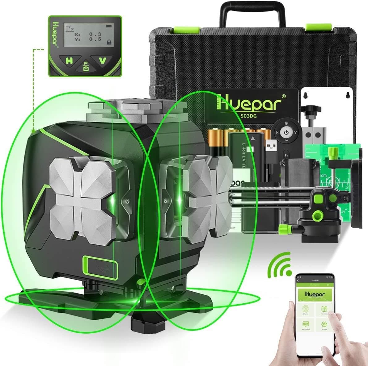 Huepar S03DG - 12 Lines 3D Self-Leveling Laser Level with LCD Screen Bluetooth Connected - HUEPAR US