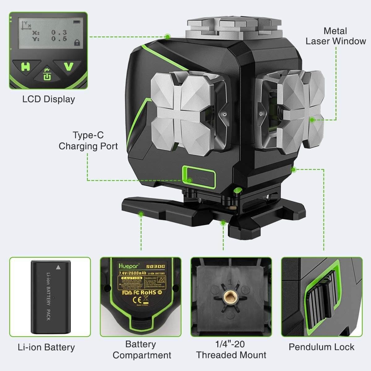 Huepar S03DG 3x360° Self-Leveling Laser Level – Green Beam, LCD Screen, Bluetooth