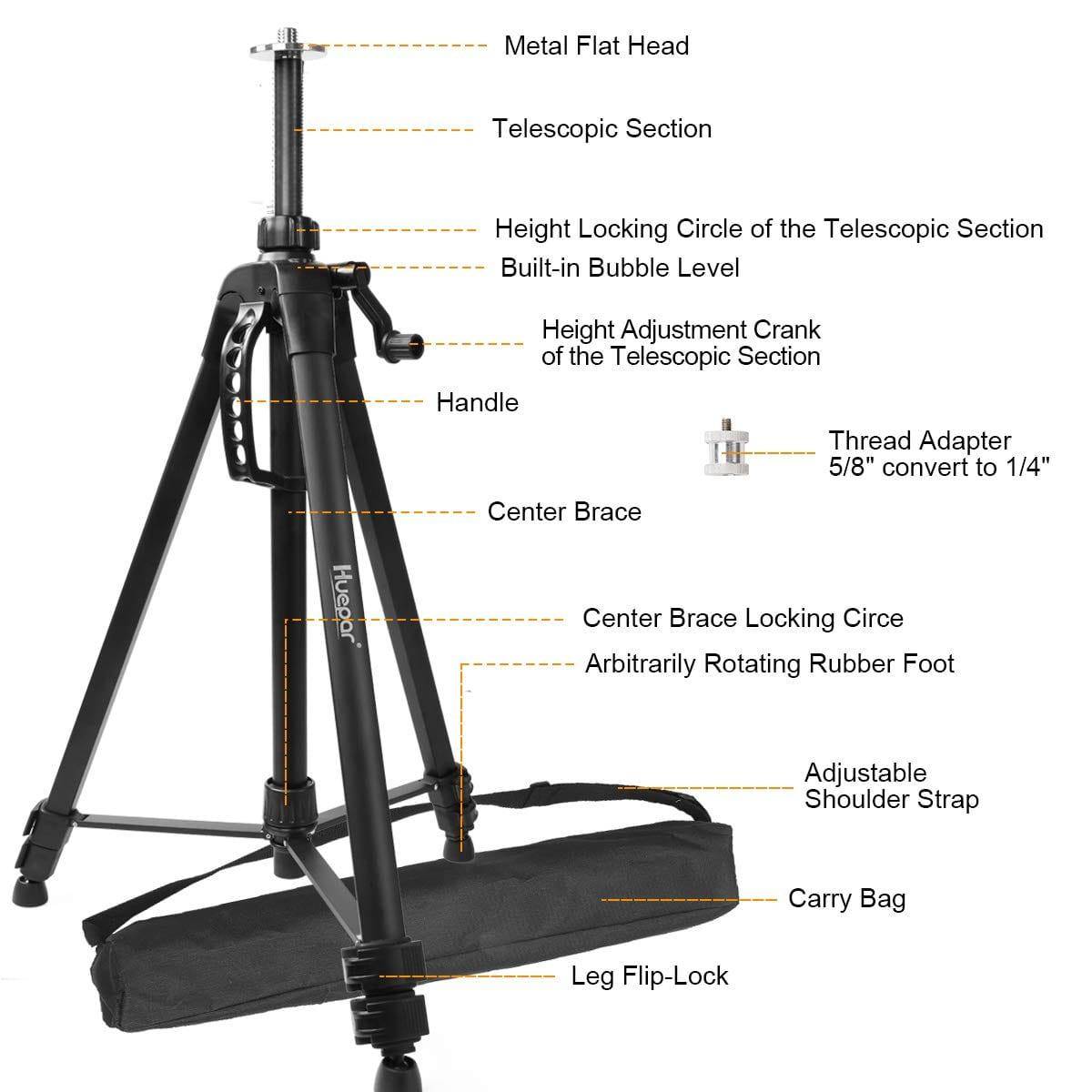 Huepar TPD16 - 1.6m Flat Head Aluminum Tripod Adjustable - HUEPAR UK